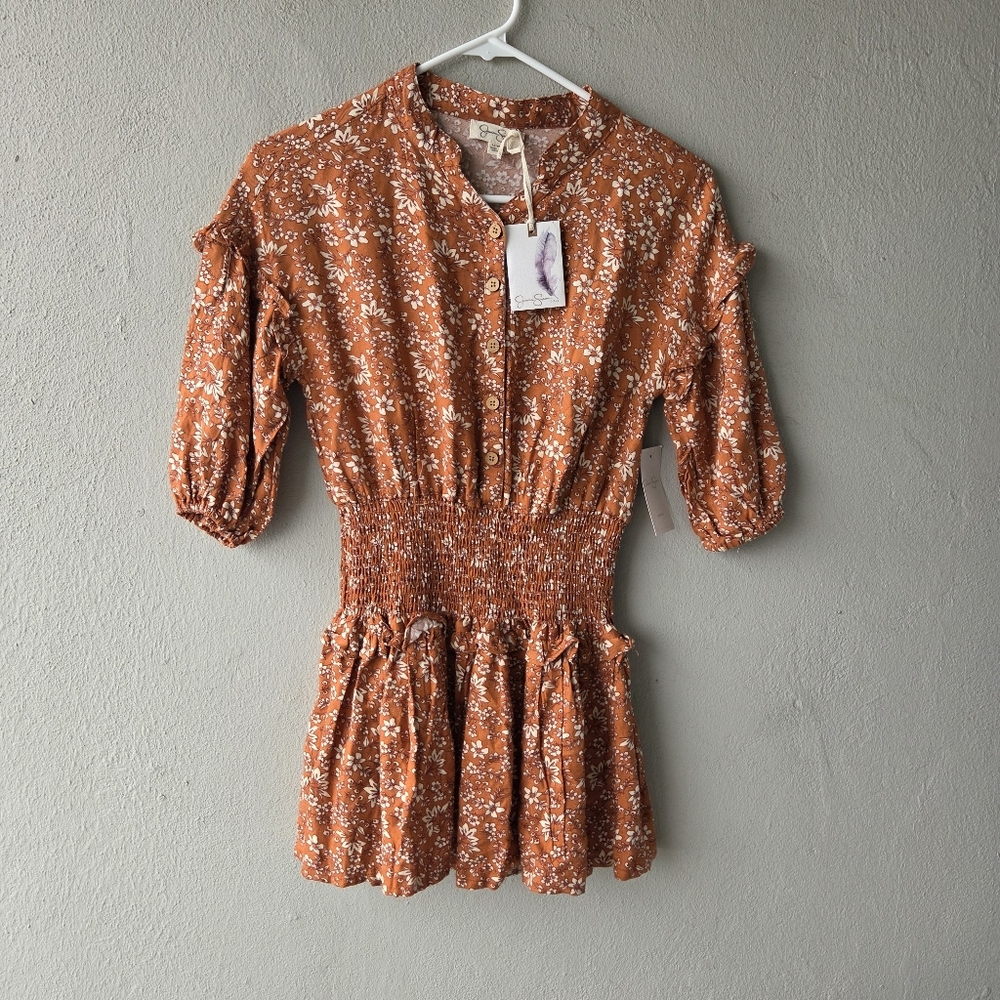 Jessica Simpson Floral Button Down Smock Waist Tunic Top Girls L 10 NWT Rayon